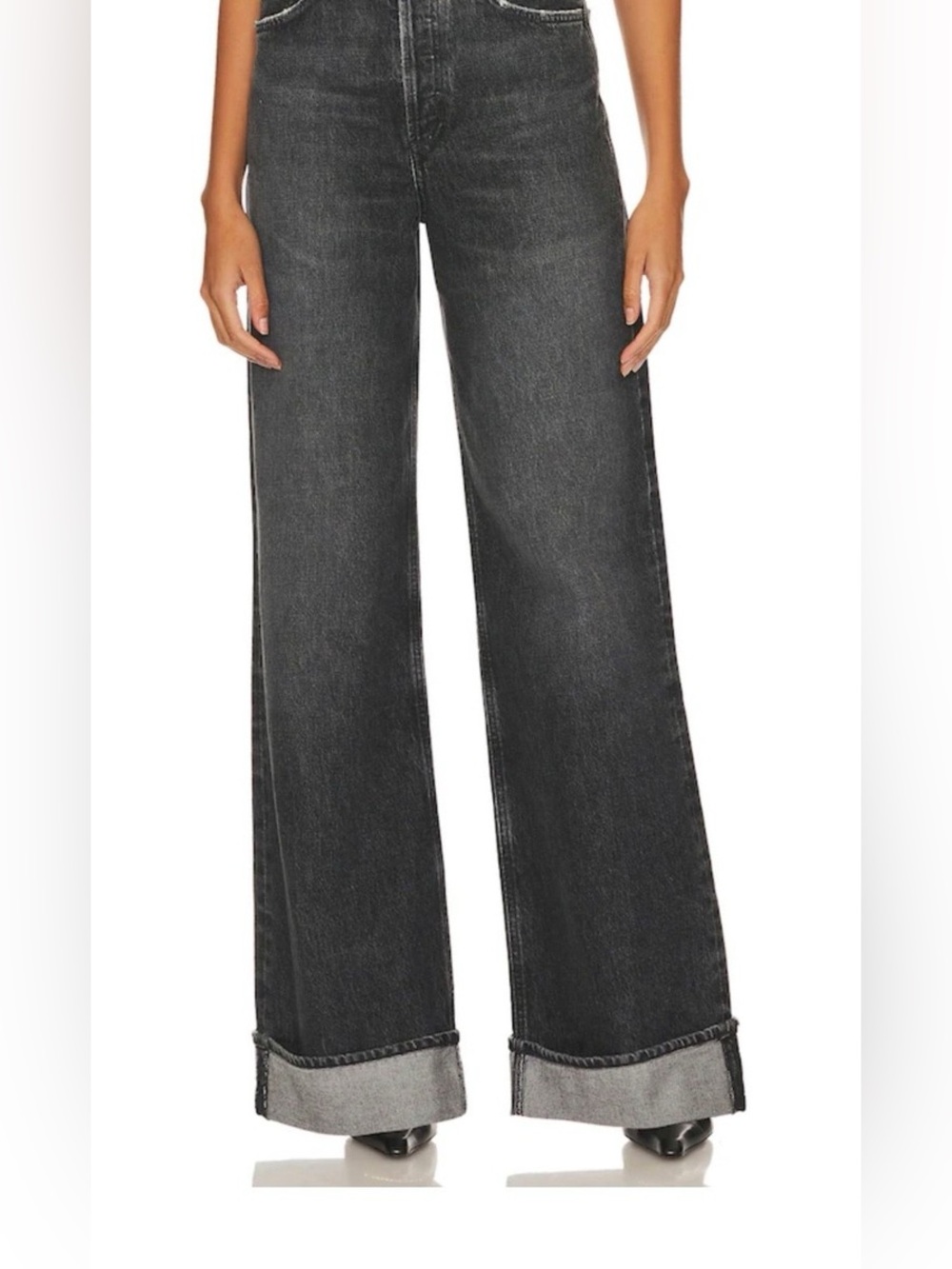 Agolde Denim Dame Jeans Washed Black ‘Ditch’ Wide Leg Cuffed Size 26